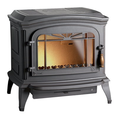 Estufa a lenha em ferro fundido cinza com vidro transparente e punho de madeira