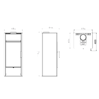 Desenho técnico de aparelho vertical com medidas em centímetros e detalhes no topo