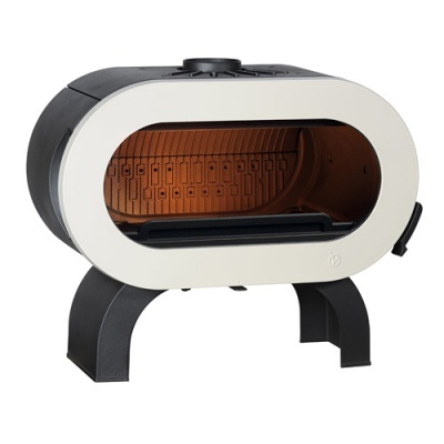 Fogão a lenha moderno preto e branco com interior cobre