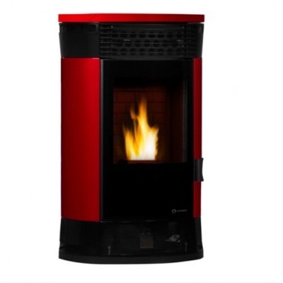 Recipiente para aquecimento metálico vermelho e preto com chama visível no vidro frontal