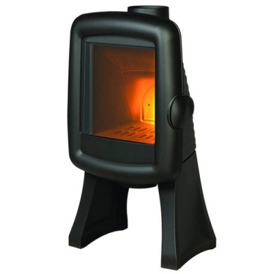 Fogão a lenha em ferro fundido preto com porta de vidro e chama interior