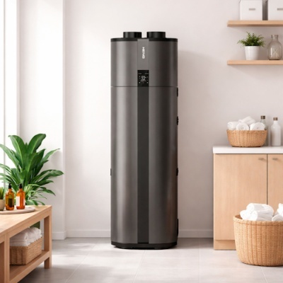 Termoacumulador cinzento escuro vertical numa casa de banho moderna