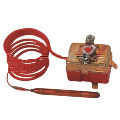 Termóstato metálico dourado e vermelho com tubo capilar vermelho enrolado