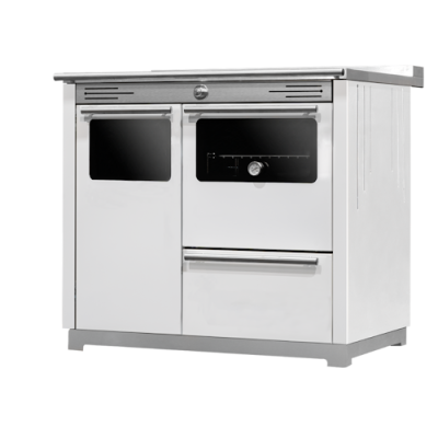 Fogão branco com portas de vidro e controlo central