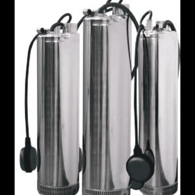 Três bombas submersíveis de aço inoxidável com cabos pretos e boias flutuantes pretas