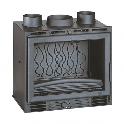 Lareira metálica cinzenta escura com porta de vidro e detalhes ondulados no interior