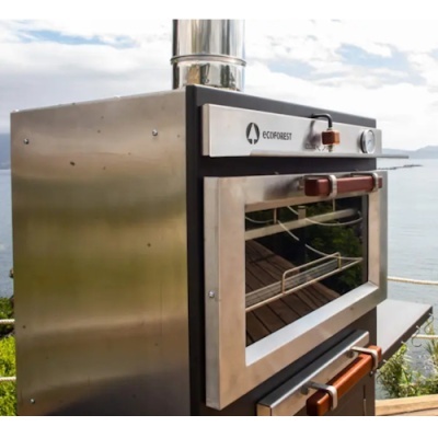 Forno exterior ECOFOREST em aço inoxidável com porta de vidro e detalhes em madeira