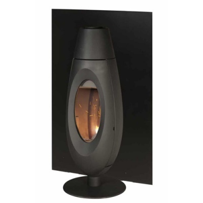 Lareira moderna em metal preto com janela oval e painel traseiro preto