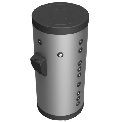 Depósito cilíndrico metálico com painel negro e pontos circulares laterais