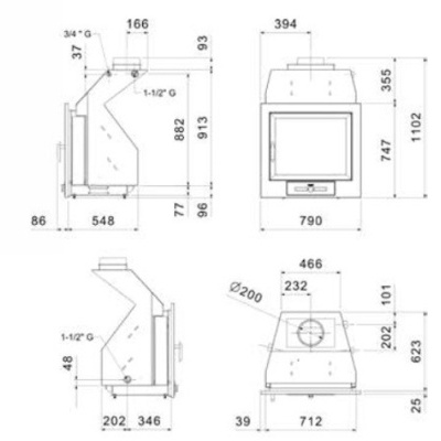 Desenho técnico de forno ou salamandra com dimensões e conexões