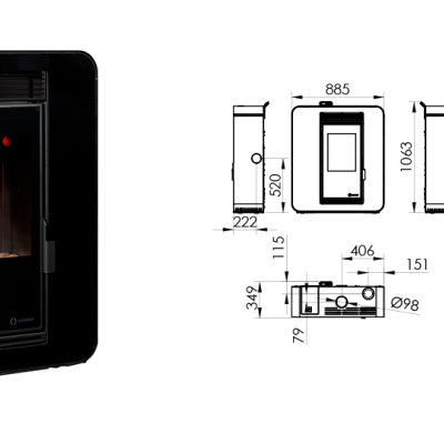 Lareira moderna preta com porta de vidro mostrando chama e esquema técnico