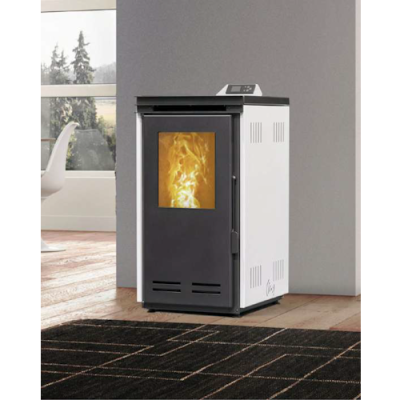 Estufa de pellet metálica preta e branca com porta de vidro mostrando chama