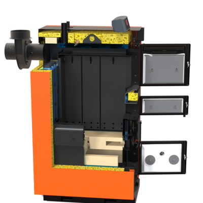 Corte lateral de equipamento industrial com corpo laranja e interior isolante amarelo