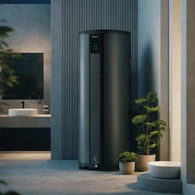 Caldeira preta cilíndrica HELIOS com painel digital num ambiente interior moderno