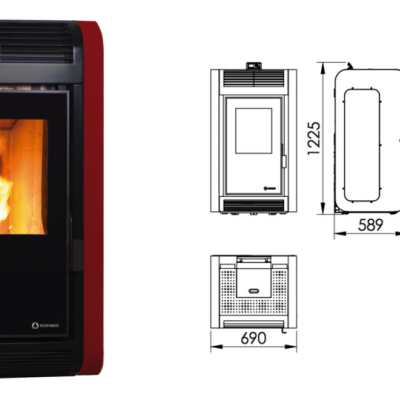 Aparelho de aquecimento vermelho com porta de vidro mostrando chama e desenhos técnicos com medidas