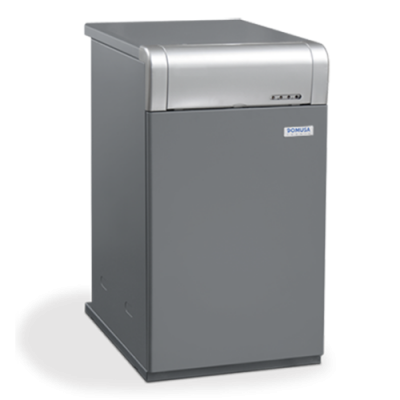 Caldeira Domusa cinzenta com tampa prateada e etiqueta Domusa