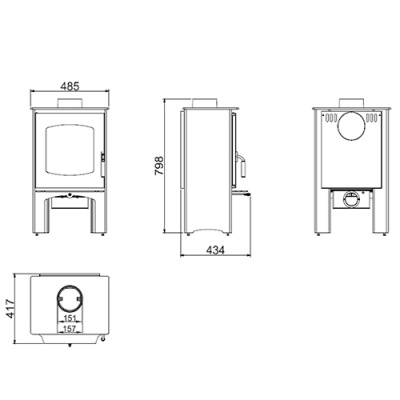 Desenho técnico do fogão a lenha com medidas detalhadas