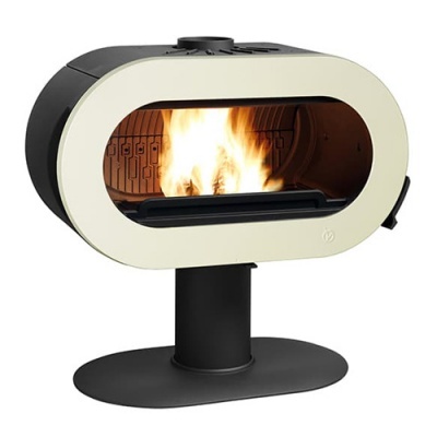 Lareira oval moderna preta e bege com flames visíveis