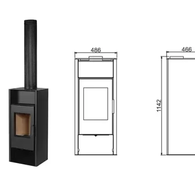 salamandra a lenha preta com porta de vidro e medidas em milímetros