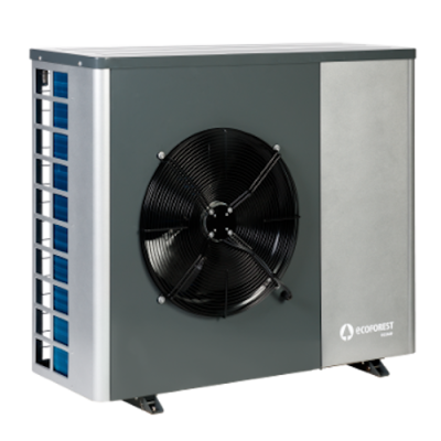 Bomba de calor exterior com ventoinha preta e carcaça cinza