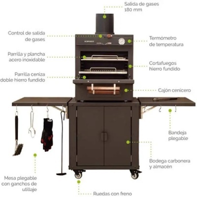 Forno portátil para churrasco em metal preto com rodas, mesas dobráveis e termómetro