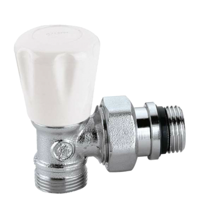 Válvula cromada com cabeça de controlo branca e roscas masculinas em ambos os lados