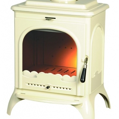 Lareira a lenha esmaltada creme com porta de vidro e pega preta