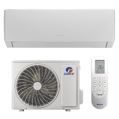 Ar condicionado GREE com unidade interior, exterior e comando com ecrã digital