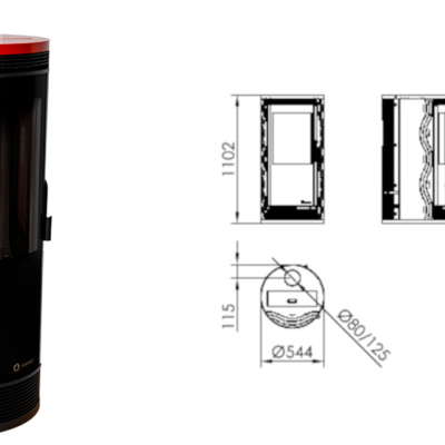 salamandra vermelha metálica com porta de vidro e chama visível ao lado de desenho técnico com medidas