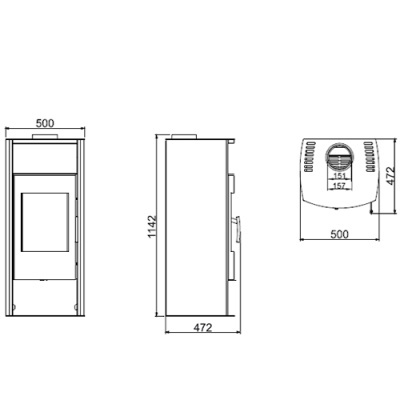 Desenho técnico de aquecedor com medidas em milímetros
