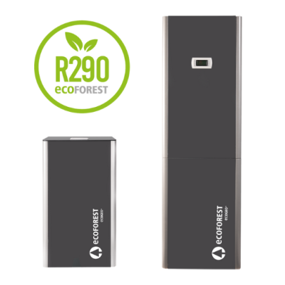 Equipamentos Ecoforest pretos, texto ECOFOREST e símbolo R290 ECOFOREST