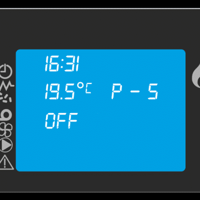 Painel digital preto com ecrã azul e botões de controlo