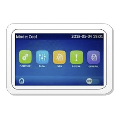 Painel digital branco com ecrã colorido e ícones funcionais