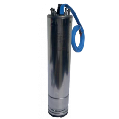 Bomba submersível cilíndrica metálica com cabo azul