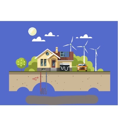 Casa com painéis solares, turbinas eólicas e sistema geotérmico