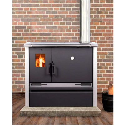 Fogão a lenha preto com chaminé e fogo visível na porta de vidro