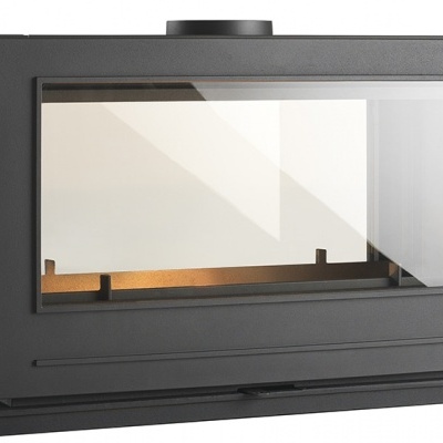 Lareira fechada em metal cinza com vidro frontal