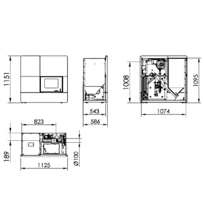 Desenho técnico a preto e branco de uma máquina industrial com medidas e componentes internos visíveis