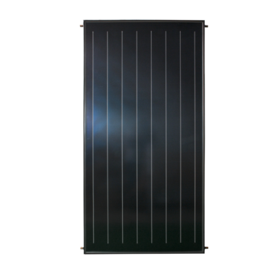 Painel solar plano preto com linhas brancas e conexão metálica em fundo branco