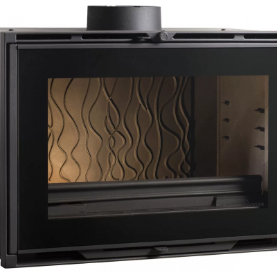 Lareira fechada preta com vidro e interior ondulado bege