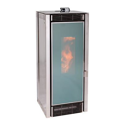 Estufa de pellet metálica prateada com porta de vidro verde opaco e chama visível