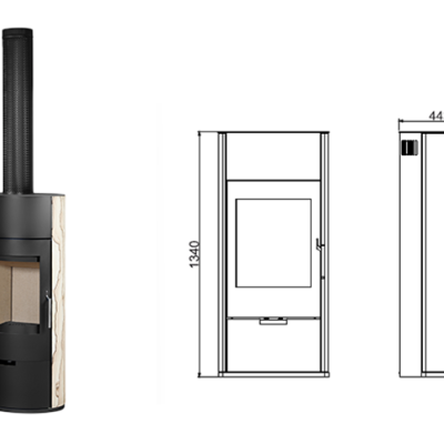 Fogão de sala preto com vidro frontal e lateral, desenho técnico com dimensões.
