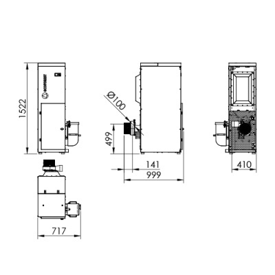 Desenho técnico de um equipamento retangular com medidas e desenho de saídas e entradas