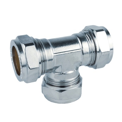 Ligação em T metálica para tubagens com porcas hexagonais prateadas