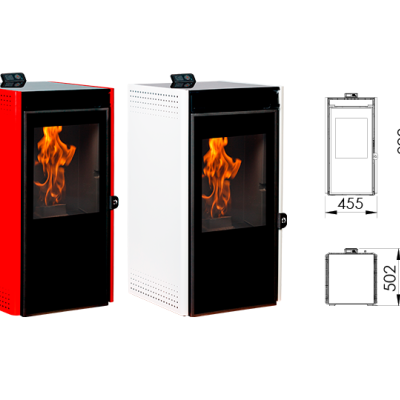 Três lareiras a pellets em preto, vermelho e branco, com medidas técnicas à direita
