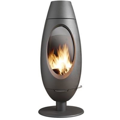 Lareira moderna de metal cinzento escuro com porta de vidro oval e fogo interno