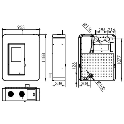 Desenho técnico a preto e branco de aparelho retangular com medidas em milímetros.
