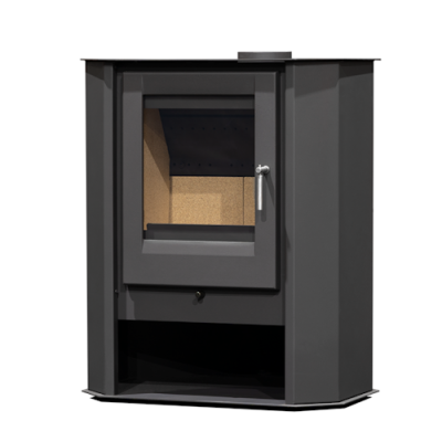 Lareira a pellets ou lenha cinzenta com porta de vidro e interior revestido