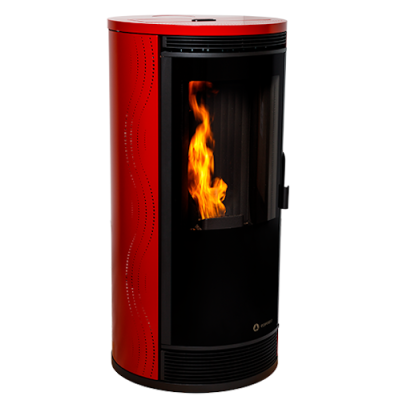 Lareira ou salamandra redonda metálica vermelha com porta preta de vidro e chama visível