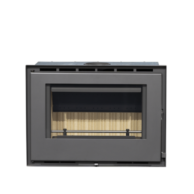 Lareira embutida de metal cinzento com porta de vidro